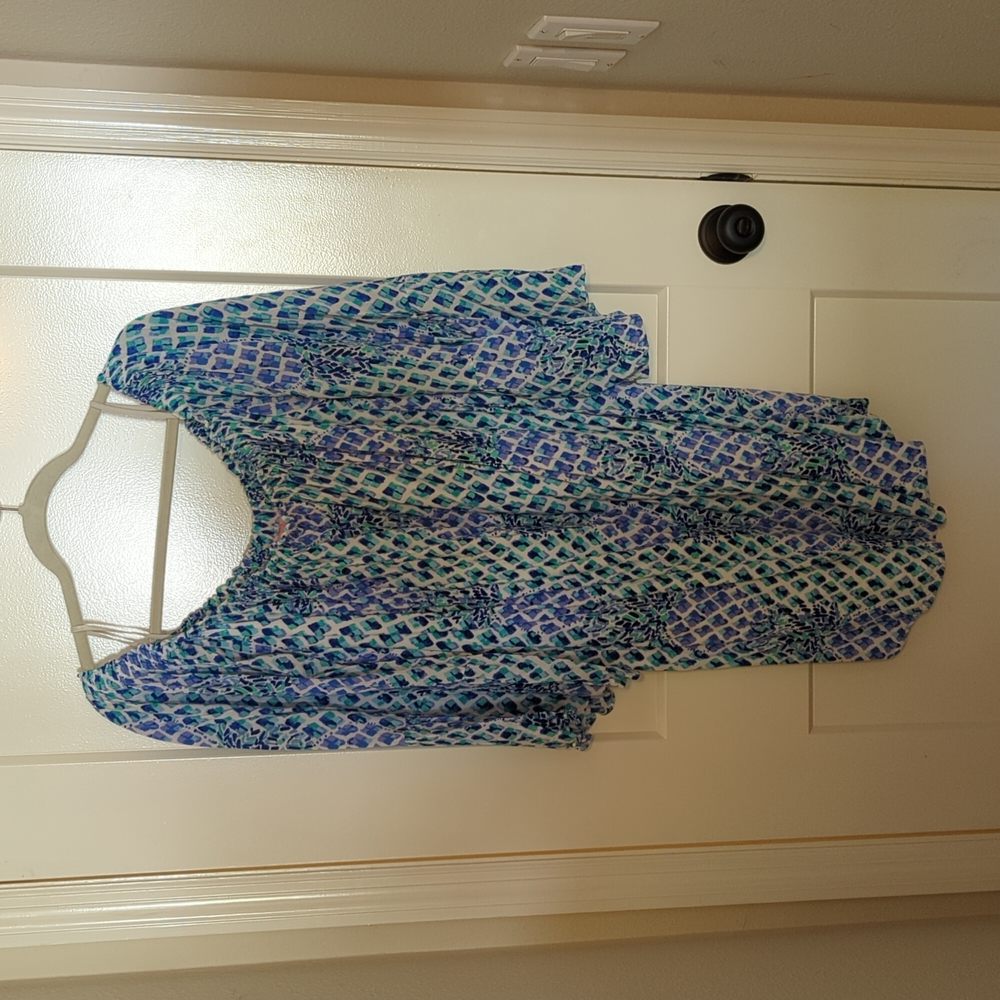 Lilly Pulitzer Strapless Off-Shoulder Blue Green Print Dress